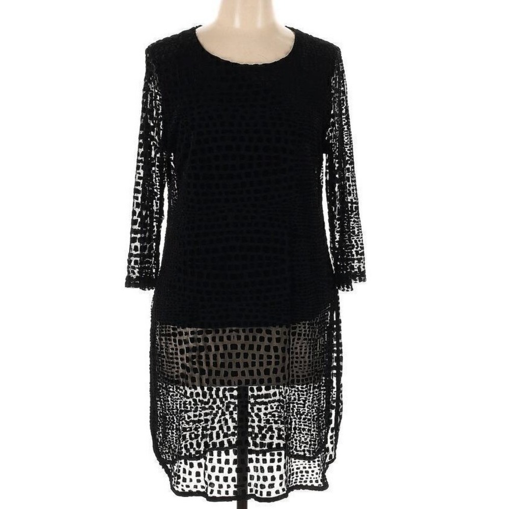 Alfani Geometric Black Tunic‎ Top Semi Sheer Sleeve & Hem Size M